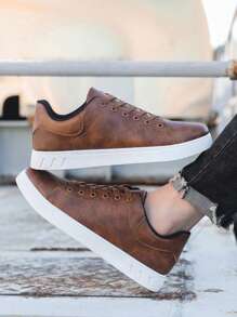 Men's Casual Fashion Skateboard Shoes, Flat Round Toe Lace-Up Comfortable Non-Slip Sole, Plus Size Sneakers Suitable For All Seasons ,Gym