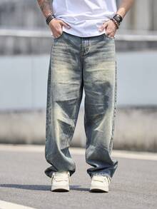 男士复古做旧直筒牛仔裤，宽腿宽松洗水牛仔裤，美式街头服饰 - 銅色 - 查看 3