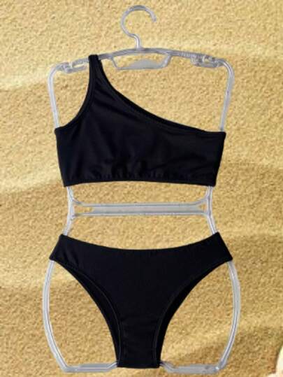 Biquíni Infantil e Juvenil Ombro Único Todo Preto