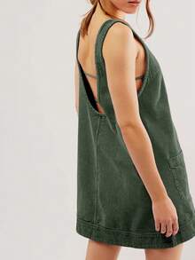Women's DarkGreen Corduroy Overall Dress Round Neck A Line Skirtall Jumper Mini Dress Pinafore With Pockets - Dark Green - View 4