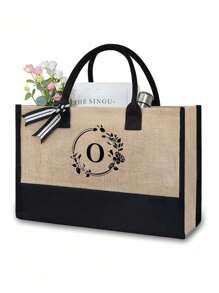 1/2 pezzi Borsa shopping tela con stampa lettere iniziali dalla A alla Z, con borsa portaoggetti cosmetici inclusa, borsa personalizzata, grande capacità, adatto per matrimoni, compleanni, spiaggia, vacanze, scuola, ottimo regalo per donne, mamme, insegnanti, amiche, damigelle d'onore, studenti, borsa grande. Borsa casual capiente e portatile, adatta per lo shopping multifunzionale