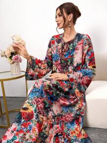 Women's Vintage Floral Print Maxi Dress - Long Sleeve Tie-Neck Boho Dress, Spring Summer Casual Loose Fit Layered Dress,Elegant Long Sleeve Robe,Summer Dresses,Dresses Classy Elegant
