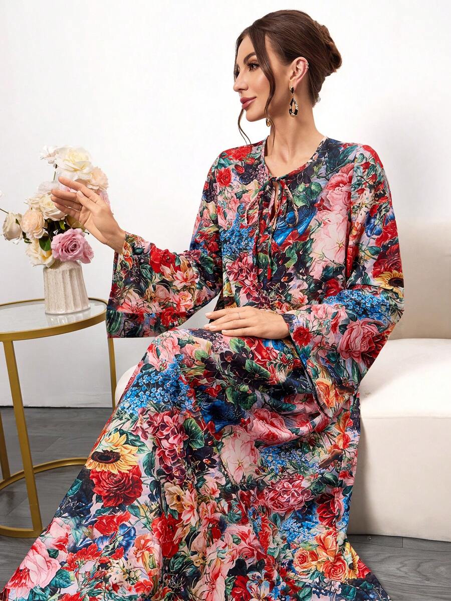 Women's Vintage Floral Print Maxi Dress - Long Sleeve Tie-Neck Boho Dress, Spring Summer Casual Loose Fit Layered Dress,Elegant Long Sleeve Robe,Summer Dresses,Dresses Classy Elegant