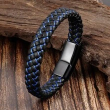 1pc Men's Solid Black Genuine Leather Punk Woven Leather Bangle Bracelet