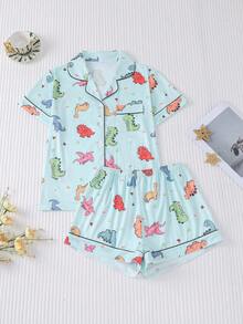 2 件套可爱恐龙印花女式睡衣套装，短袖领开衫上衣和松紧腰宽松短裤，女士休闲睡衣和家居服，四季皆宜 - 薄荷綠 - 查看 10