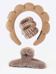 6 件女士水疗套装，波浪形优雅纯色加厚头带，腕带毛绒发圈腕带，用于洗脸和花朵发夹配件发箍 - 彩色 - 查看 5