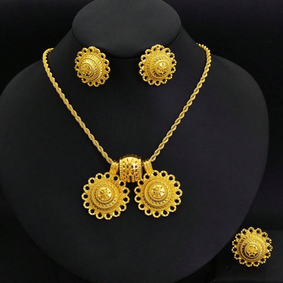 Dubai African Women's Exquisite Golden Color 3Pcs Jewelry Set - Flower Design Pendant, Ring And Earrings, Traditional Bridal Wedding Accessories - A - View 1