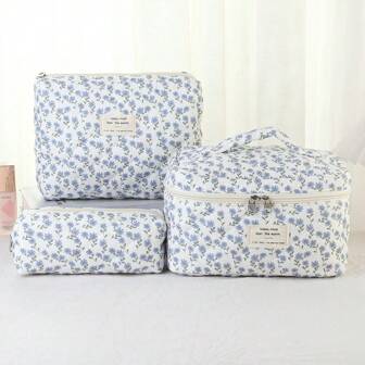 New Simple Small Blue Floral Accent Makeup Bag, Cosmetics, Toiletries, Small Items Lightweight Travel Organizer, High-Versatility Handbag, Multi-Functional Large Capacity Tote For Daily Life, Office, School, Travel, Birthday & Holiday Gift Makeup Travel Toiletry Organizer Essentials Gifts Storage Zipper Accessories Nail