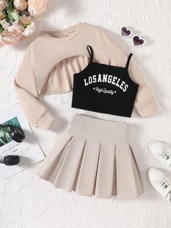 3 pièces Ensemble de mode Printemps/Été pour jeunes filles : Sweat-shirt à manches longues, Châle et Débardeur imprimé de lettres & Jupe plissée, Meilleur cadeau pour la saison scolaire du début du printemps