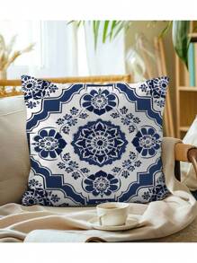 New Explosive Retro Blue And White Porcelain Printed Pattern Polyester Short Plush Home Decoration Sofa Cushion Cover 4 (No Pillow Core)