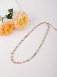 1pc Retro Natural Stone Necklace With Colorful Beads For Women, Vintage And Minimalist Light Blue Collarbone Chain Suitable For Daily Wear With Luxurious, Niche & High-End Feel