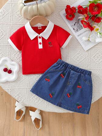 2 件套女婴休闲时尚华夫格编织樱桃刺绣上衣 + 配套樱桃刺绣牛仔裙