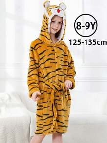 MICHLEY MICHLEY 1pc Kids Hooded Bathrobe With Belt Pockets Cartoon Animal Tiger Style Soft And Comfortable Nightgown Unisex Suitable For Living Room, Swimming Pool, Bathroom Kids Gift