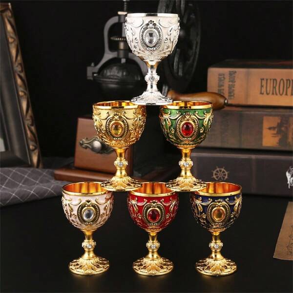 1pc European Vintage Faux Gemstone Metal Goblet, Suitable For Wedding Anniversary, Drinking Red Wine, White Wine, Champagne, Wine, Spirits
