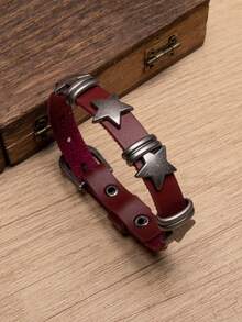 1pc Punk Style Metal Star Leather Wrap Around Bracelet For Men - Black - View 7