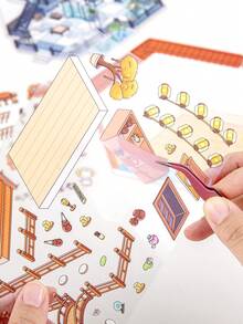 3pcs/Pack Market Food Theme Scene Stickers, 3D Three-Dimensional Two-Layer Scene Stickers, Restaurants, Inns, Academies, Bun Shops And Animal Elements DIY Creative Waterproof PET Scene Stickers , Back To School Gifts - Multicolor - View 5