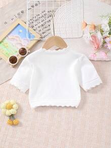 Young Girl Solid Color Arched Hem Round Neck Short Sleeve Casual Cardigan - White - View 6