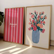 1 件无框“波西米亚花卉和法式印花套装 - 粉色和蓝色墙壁艺术家居和办公室装饰，客厅、卧室和家庭办公室装饰，艺术壁画 - 彩色 - 查看 2