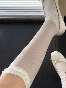 1 par de calcetines largos tipo tubo para mujer con encaje y parches, de malla a rayas, ajuste ceñido y transpirable, hasta el muslo, para primavera/otoño