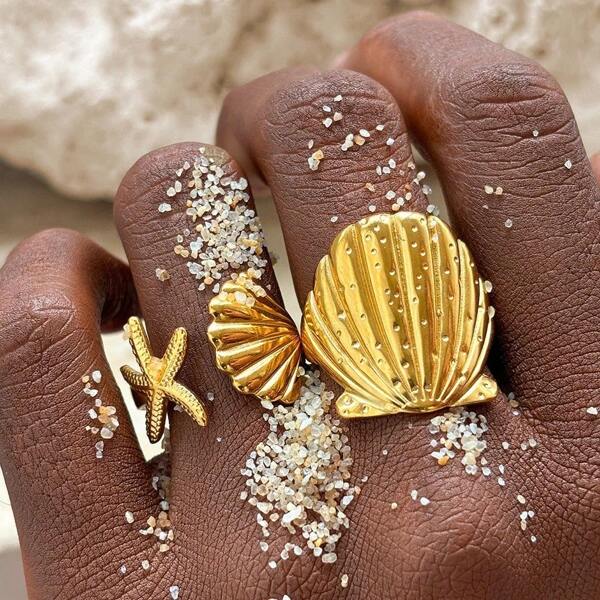 2 peças Anéis Boho de Praia com Design de Concha do Mar e Estrela do Mar, Banhado a Ouro 18K, Adequado para Uso Diário de Mulheres