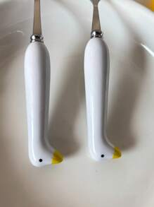 2pcs Stainless Steel Cartoon Ceramic Handle Goose Tableware, Goose Ceramic Handle Tableware With Colorful Ceramic Handle - Cute Cat Paw Design Dessert Spoon, Cake And Mooncake Fork, Portable Cutlery Suitable For Outings, Parties, Picnics, Home Use,School Supplies