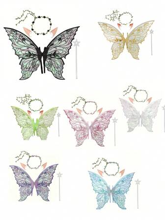 Fairy Wings For Adults And Girls,Fairy Costume Set With Floral Garland, Fairy Hair Tinsel, Wand & Ears – 29"X21" Organza Butterfly Wings – Ideal For Cosplay, Party