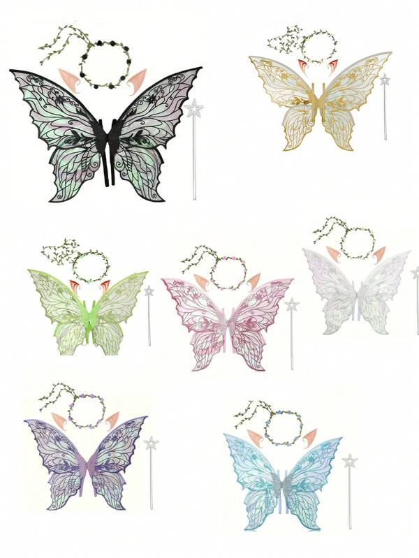Fairy Wings For Adults And Girls,Fairy Costume Set With Floral Garland, Fairy Hair Tinsel, Wand & Ears – 29"X21" Organza Butterfly Wings – Ideal For Cosplay, Party Halloween