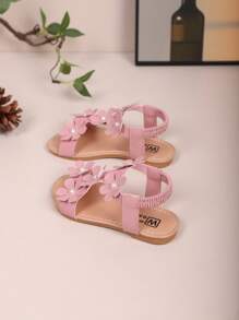 Sandalias con decoración de flores para niños mayores, zapatos de princesa para niñas, zapatos planos informales de playa con correa elástica para estudiantes de primaria, estampado floral de moda, de verano