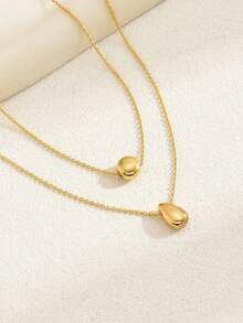 1pc Women's Simple Double-Layer Gold-Color Beaded & Teardrop Pendant Necklace,Stainless Steel Material,With Long-Lasting Color Retention,Suitable For Summer, Party, Dating Events, Gift - Double Layer Necklace - View 4