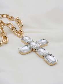 Retro Oversized Pearl Necklace With Big Glass Cross Pendant, Fashion Jewelry For Women, Christmas Gift