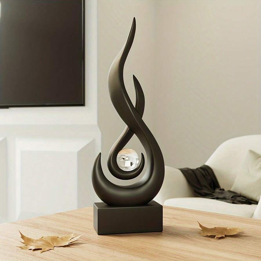 1pc, Abstract Flame Sculpture, Resin Statue, Modern Art Home Decor, Centerpiece For Dining Room, Living Room, Office Decor, Tabletop Decorations - Black - View 1