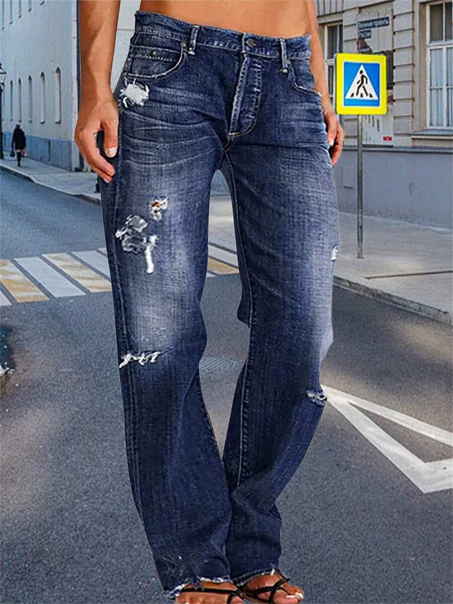 Women Men Denim Pants Casual Ripped Loose Straight Leg Jeans Trousers Bottoms For Streetwear - 霧霾藍 - 查看 1