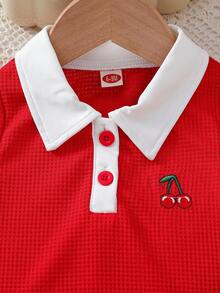 2 件套女婴休闲时尚华夫格编织樱桃刺绣上衣 + 配套樱桃刺绣牛仔裙 - 紅色 - 查看 3