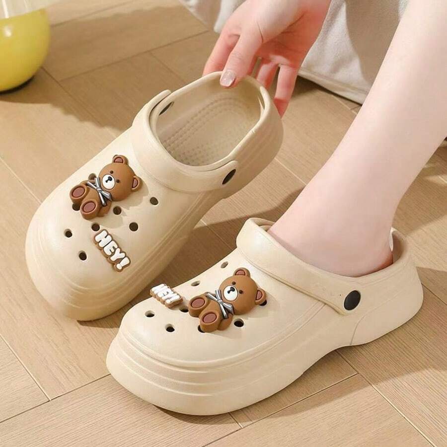 Cute Bear Clogs, Slip-On Garden Shoes, Platform Sandals, Beige