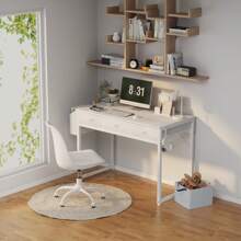 Lufeiya Small White Computer Desk With Fabric Drawers For Home Office Bedroom, 40 Inch Vanity Desk With Drawer Storage And Side Pouch, Study Writing Table, White