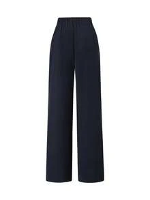 Women's High Waist Flowy Button Closure Slimming Design Casual Pants - Navy Blue - View 4