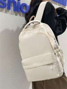 This Multi-Functional Solid Color Campus Backpack Is Specially Designed For Women, With Large Capacity, Simple Multi-Compartment Design, Suitable For Travel, Business, Leisure, And Laptop Use. Tready Backpack, Student Backpack, Back-To-School Essential, Suitable For Women, Girls, And Students, Suitable For Middle/High School And College, With A Collegiate Style. - White - View 2