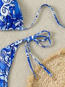 Women's Boho Ditsy Floral Halter Neck Ring Tie Sequin Pendant Bikini Set With Triangle Top And Side Tie Bottoms, For Vacation & Leisure, Spring/Summer - Multicolor - View 5