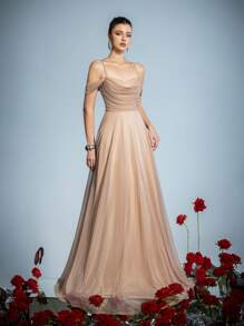 Faeriesty Elegant Cold Shoulder Bridesmaid Gown With Adjustable Rope-Tie Back & Flowing Wide Skirt | Luxury Formal Wear For Weddings, Galas, And Cannes Parties
