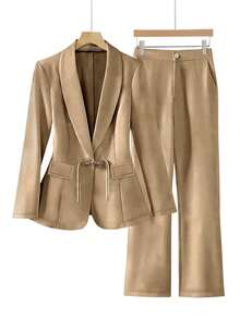 Women's Shawl Neck Chinese Style Buttoned Decor Slim Fit Suit Set, Long Sleeve Top & Pants, Office & Casual, Spring/Autumn - Brown - View 3