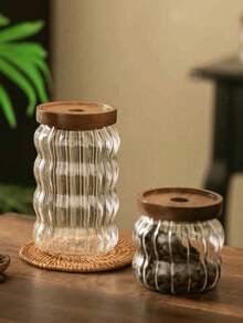 1 个圆形玻璃罐，带木盖和密封软木塞，用于香料、糖、咖啡、茶叶储存、透明糖果食品容器、玻璃瓶、咖啡渣储存罐、茶罐、谷物储存罐、香料罐 - 彩色 - 查看 6