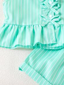2pcs Girls Cute Striped Sleeveless Ruffle Top & Rolled Hem Shorts Set, Summer - Green - View 6