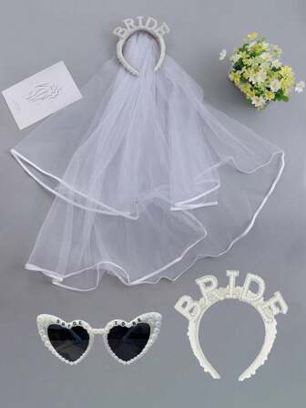 Pearl Bridal Headband With Veil, Heart-Shaped Pearl Bridal Sunglasses, Suitable For Bachelor Party Decoration, Bridal Accessories, Bridal Gift Giving Party Gifts