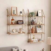 Customized No-Nail Rope & Solid Wood Floating Shelves, Wall Mounted Decorative Bookshelf For Living Room - Multicolor - View 11