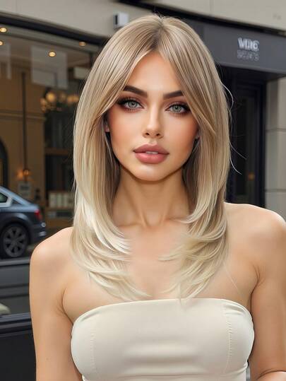 Light Gold Medium Straight Synthetic Wig With Bangs Blonde Layered Hair Wig For Women Daily Party Music Festival Use