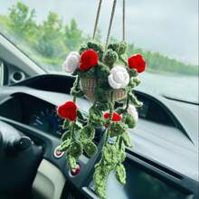 1 pieza Planta de crochet linda para espejo retrovisor de carro/decoración de habitación, accesorio colgante hecho a mano para espejo de carro estilo bohemio, adecuado para mujeres y niñas, decoración estética interior verde del carro, adorno colgante para camión para hombres