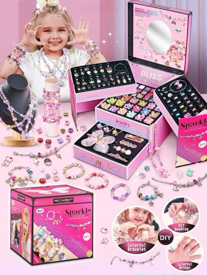 خرز نابض، طقم صناعة المجوهرات - فنون وحرف للبنات 3-7 سنوات، ألعاب خرز قابلة للضغط - طقم "عقد، سوار، خاتم اصنعه بنفسك'