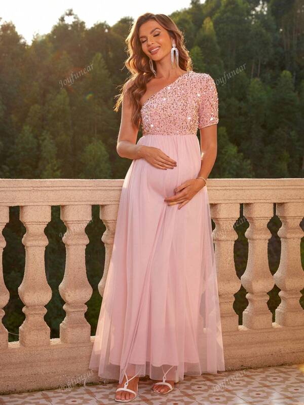 Joyfunear Maternity Solid Color Contrast Sequin Asymmetrical Neck Dress
