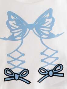 Baby Girl 2pcs Set, Butterfly Print Short Sleeve T-Shirt Top And Loose Wide-Leg Blue Pants With Bow Decor, Casual Summer Outfit - Blue - View 5