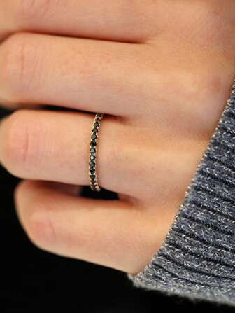  1 pieza Anillo de plata de ley 925 estilo casual para mujer, anillo apilable con circonita cúbica negra, diseño elegante y sencillo, adecuado para uso diario, fiestas, San Valentín, regalo de cumpleaños